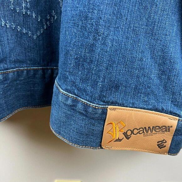 Vintage 2000s Rocawear Denim Jacket 2XL Full Zip Embroidered Logo Spell Out Zip - Picture 2 of 8